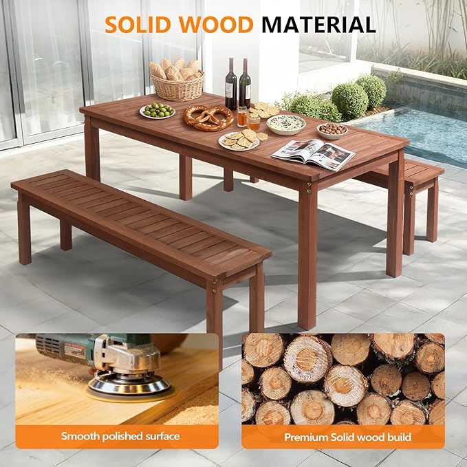 VINGLI 3-Piece Outdoor Dining Set, 69" Rectangular Wood Patio Table with 2 Benches, All-Weather Brown Fir Patio Furniture Set for Garden, Backyard, Lawn & Deck