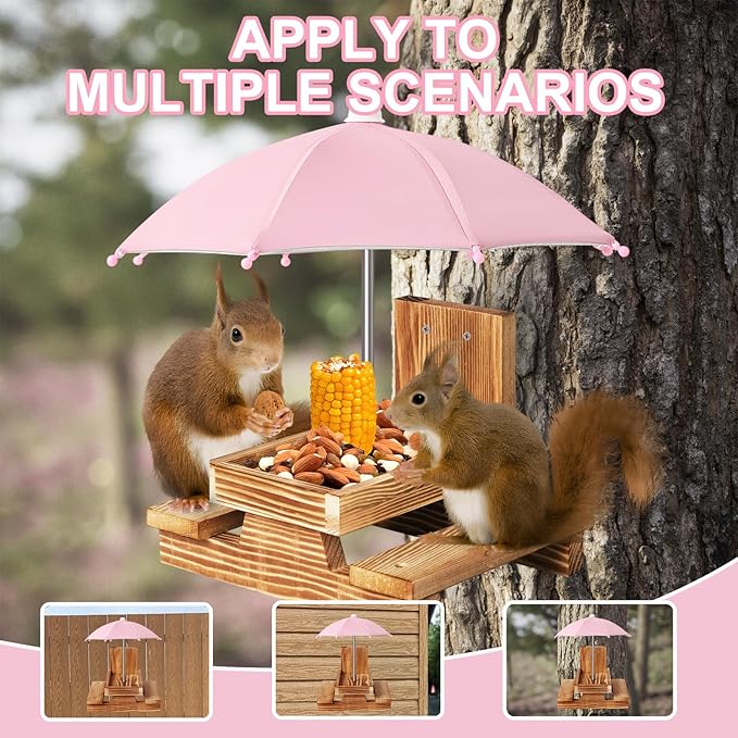 Gnodary Squirrel Feeder with Umbrella, Squirrel Feeders for Outside, Squirrel Picnic Table Feeder - Chipmunk Feeder Hold Corn, Corn Cob, Peanuts Style2 (Pink)