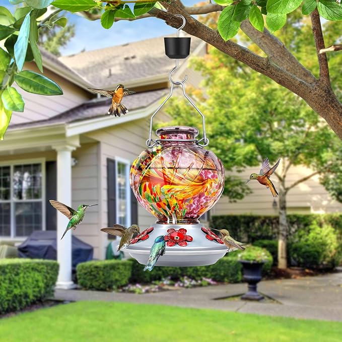 BOLITE Hummingbird Feeder, Hand Blown Glass Hummingbird Feeders for Outdoors Hanging, with Ant Moat and 5 Feeding Ports, 22 Ounces, Peony Flower Shape, Purple, Gifts for Women Men, Gifts for Mom Dad