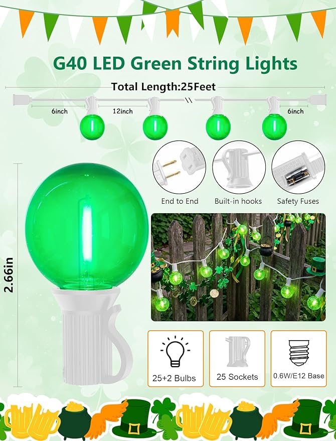 25FT G40 LED Outdoor Globe String Lights, Outdoor St. Patrick's Day Decorations Lights with 27 Shatterproof Clear Green Bulbs, Hanging Patio Lights Waterproof for Irish-themed Party Backyard Garden
