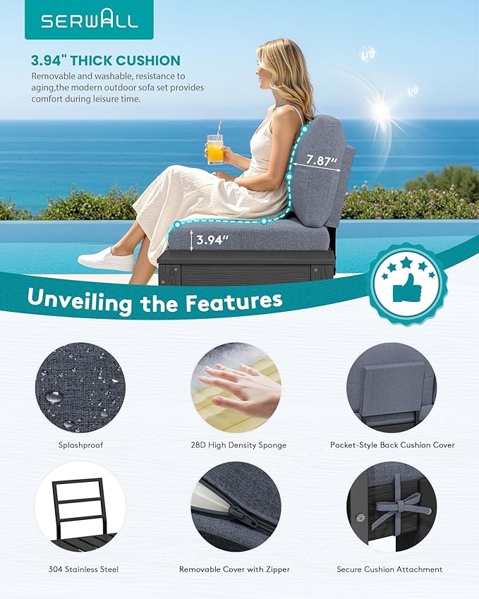SERWALL HDPE Outdoor Furniture Set, 6 Seats Outdoor Sectional with Coffee Table, Outdoor Conversation Sets with Adjustable Backrest Sofa for Deck, Yard and Balcony, Black Frame with Grey Cushion