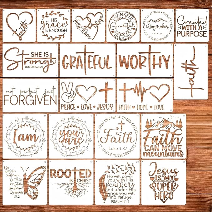 21pcs Stencils for Painting Christian Stencils for Crafts Reusable Motivational Bible Verse Template Drawing on Wall Wood Sign Rock Fabric Canvas Home Decor DIY Crafts