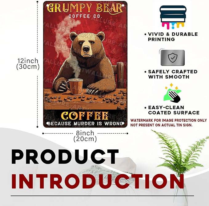 Coffee Metal Sign “Because Murder Is Wrong” Bear Coffee Co - Funny Vintage Wall Decor for Kitchen, Home, Cafe & Bar 8x12 Inch