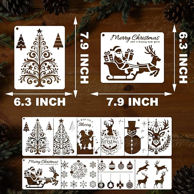 YKW 10 Pcs Christmas Stencils Set - Reusable 7.9x6.3 Inch Holiday Templates for Painting on Wood and DIY Decor - Snowman, Tree, Reindeer Designs - Craft Kit for Adults - Festive Art Supplies