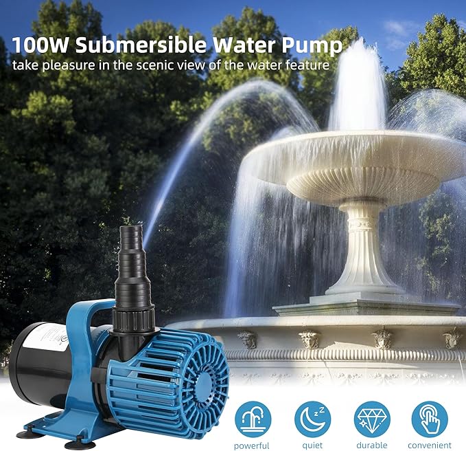 1600GPH Pond Pump for Outdoor Ponds and Water Garden, 180° Adjustable Flow Direction, 100W Ultra-Quiet Fountain Pump with 20ft Cord & Debris Barrier Bag, Waterfall Pump, UL listed