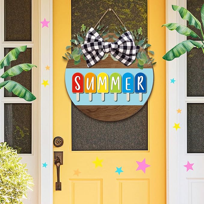 Boao 12 x 12 Inch Hello Summer Door Sign Ice Cream Welcome Summer Wreath Decor Beach Hanging Door Hanger Farmhouse Decorations for Wall Front Porch Decor(Ice Lolly)
