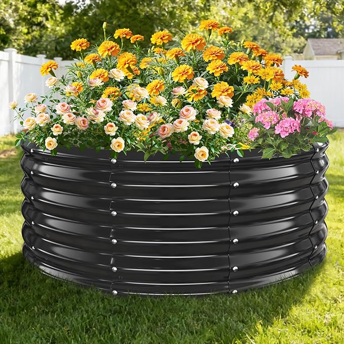 16 Inch Tall Heavy-Duty Round Steel Rised Garden Bed – Wave-Shaped Design Galvanized Metal Planter Box for Vegetables Flowers Succulent at Patio/Garden Outdoor (Black, 40" Diameter X 16" Tall)