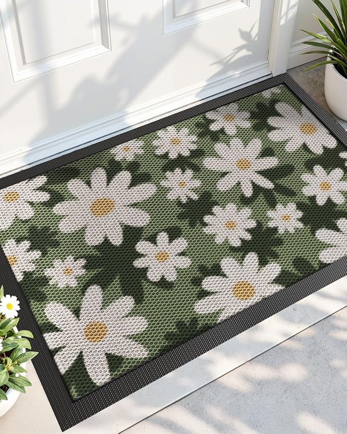 DEXI Front Door Mat Outside Entrance, 17x30 Spring Flower Welcome Doormat, Non Slip Dirt Resist Heavy Duty Entry Mats for Entryway, White and Green