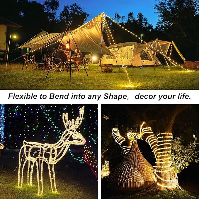 JMEXSUSS 2 Pack Christmas Lights Battery Operated Rope Lights Warm White - Outdoor Waterproof, 200LED 66ft 8 Modes Battery Powered String Light with Remote for Tree Garden Christmas Decorations