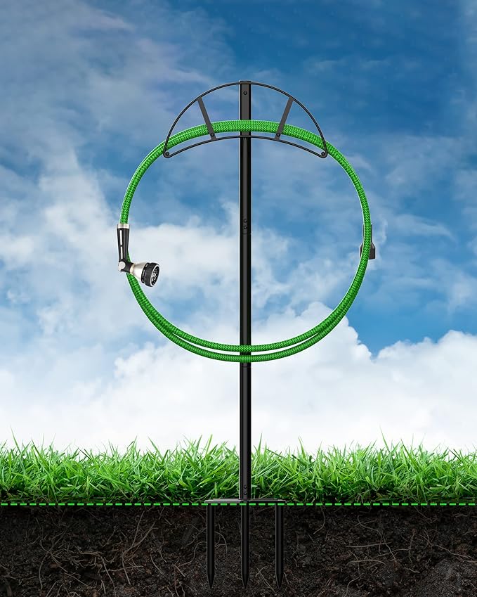 Meykwod Garden Hose Stand/Hanger Freestanding, Heavy Duty In-Ground Hose Rack Organizer for Outside Yard, Sturdy to Hold 150ft (Metal, Black)