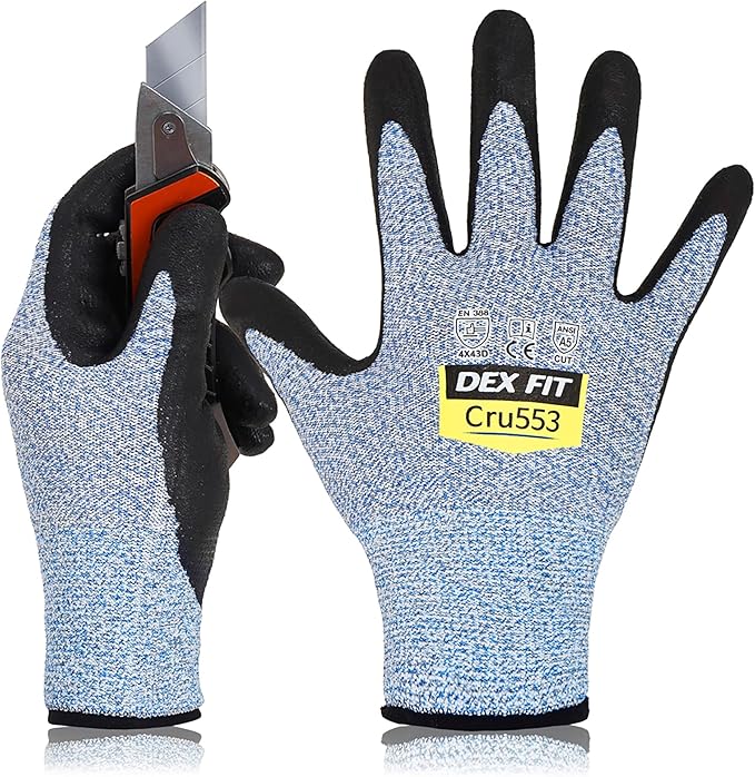 DEX FIT Level 5 Cut Resistant Gloves Cru553, 3D-Comfort Fit, Firm Grip, Thin & Lightweight, Touch-Screen Compatible, Durable, Breathable & Cool, Machine Washable; Blue XL (10) 1 Pair