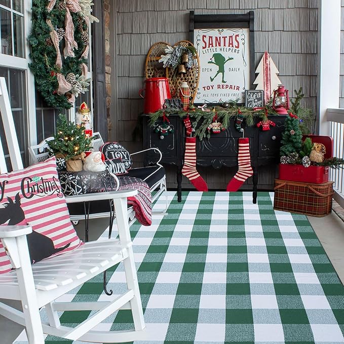 CAINANEL Green and White Buffalo Plaid Outdoor Rug Spring Door Mat Layering Rug Welcome Doormats for Spring Easter Farmhouse Entrance Porch Outdoors Decor