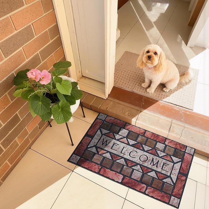 Welcome Mat Front Door Mat Indoor Outside Entrance, Absorbent Heavy Duty Doormat with Non Slip Backing Entryway Rug for Front Back Door, 17x30, Brick Print