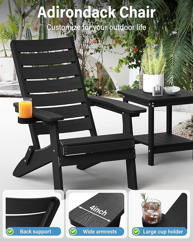 YEFU Adirondack Chair, Folding Adirondack Chairs Set of 4 with Arc Back & Cup Holder, Weather Resistant Plastic Oversized Chair for Outdoor Patio Lawn Garden Backyard Deck Fire Pit, Black