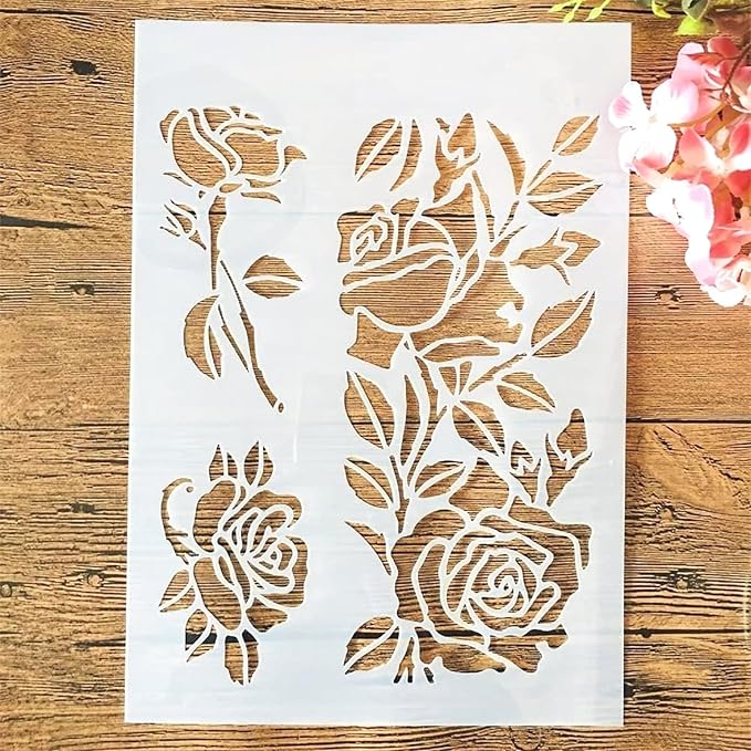 TIAMECH A4 Reusable Rose Flowers Stencil for Painting - Floral Leaves Layering Template, DIY Wall Art, Wood Furniture, Scrapbook & Crafts (8.3x11.7inch)
