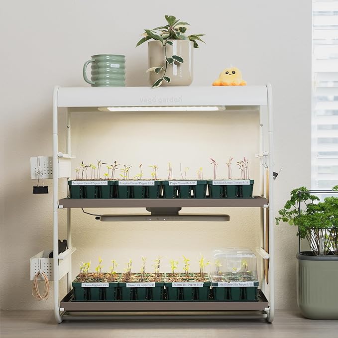 Vego garden 2 Tier Tabletop Metal Corner Plant Stand Indoor with Grow Light, Full Spectrum LED Grow Light, Plant Rack for Seed Starting, Leafy, Herbs, Fruits & Microgreens