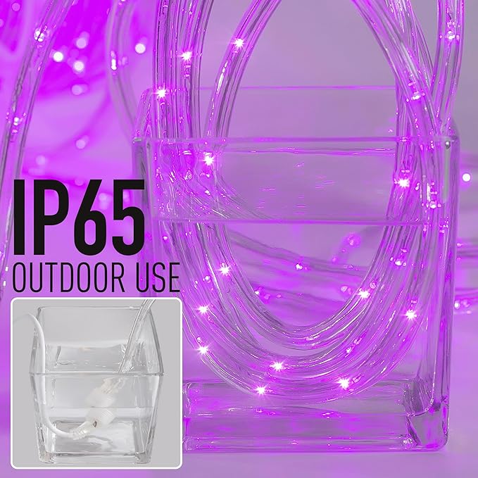 Waterproof LED Rope Lights, Connectable & Flexible with 8 Modes, Outdoor Lighting for Deck, Garden, Pool, Patio & Christmas Decor (Purple, 50ft)