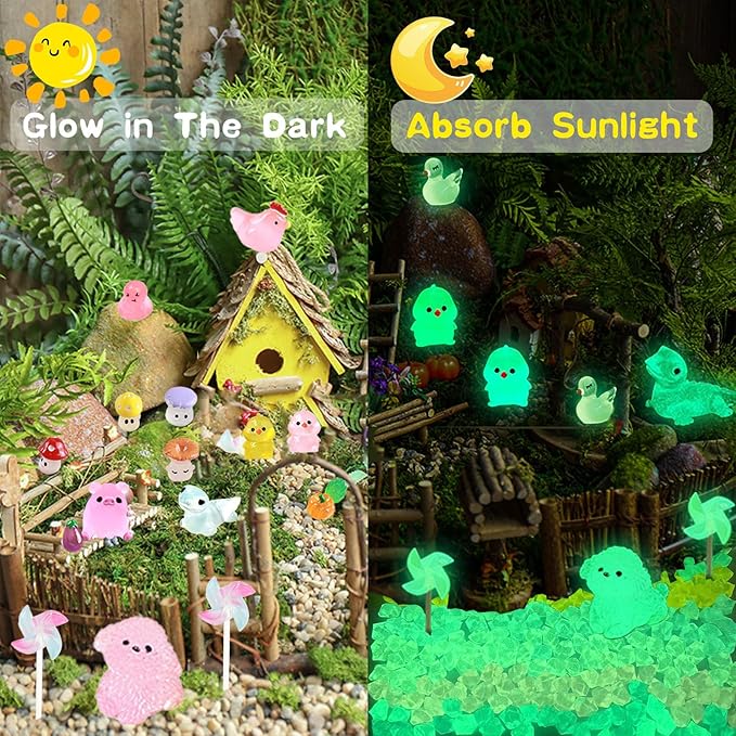 400pcs Luminous Mini Resin Animal in The Dark Tiny Miniature Figures Ornament Duck Frog Mushroom Owl Dog Rabbit Crab Dolphin Shell Fairy Garden Accessories Aquarium Landscape Bonsai Decor