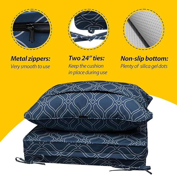 AAAAAcessories Outdoor Seat Cushions for Chairs, Fade-Resistant, Waterproof Patio Furniture Replacement Cushions, 19" x 19" x 3" + 19" x 17", Slate Blue Vine Trellis