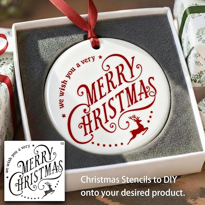 12Pc Christmas Stencils for Painting On Wood, Christmas Stencils for Crafts Reusable, Xmas Decorations Drawing DIY Art Craft Home Decor Wall, Windows, Deer Snowflakes Pinecones Decor(Christmas A)