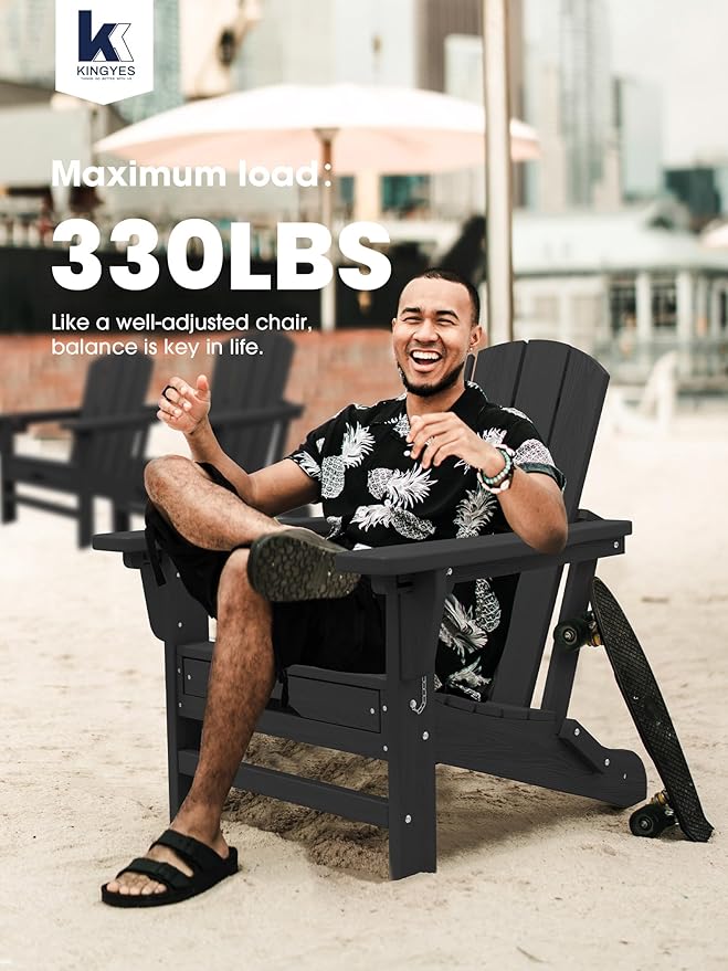 KINGYES Folding Adjustable Adirondack Chair with Retractable Ottoman Set of 6, HDPE All Weather Chair with Cup Holder - Recliner Adirondack Chair, Black
