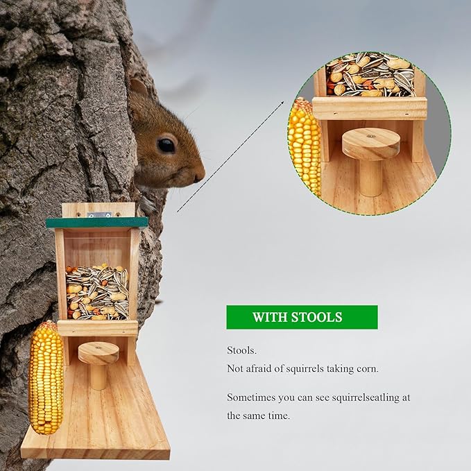 Wooden Squirrel Feeder, Squirrel Feeders for Outside with Corn Cob Holder and Round Stool, Wood Waterproof Picnic Table Funny Chipmunk House Nuts Bar for Backyard Garden Outdoor