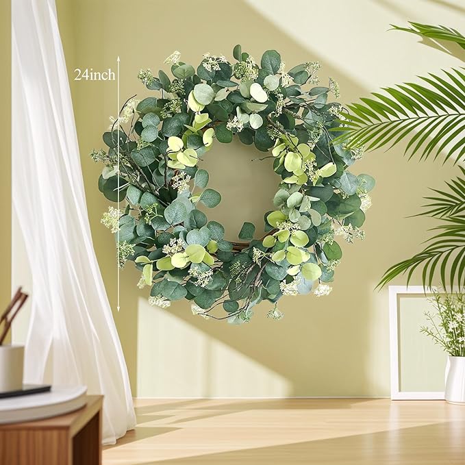 24 Inch Spring Wreath for Front Door, Spring Eucalyptus Wreath for Grapevine Farmhouse with Silk Printing Dollar Leaves Wreaths for Festival Celebration Front Door Wall Window Home Décor