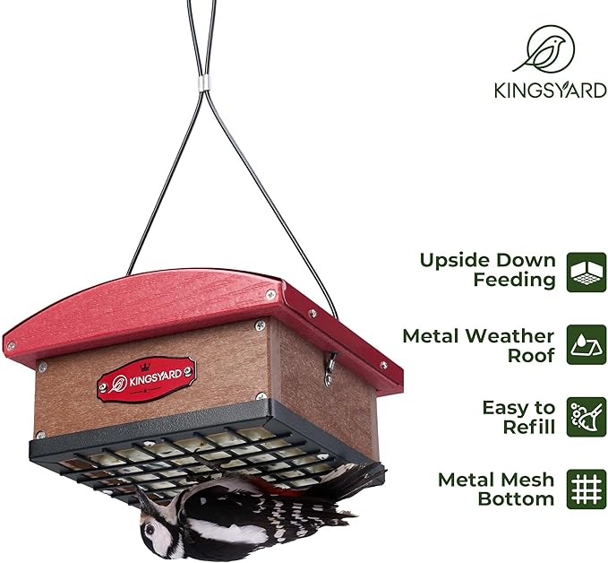 Kingsyard Upgraded Upside Down Double Suet Feeder with Metal Weatherproof Roof, Squirrel-Proof Metal Edging, Suet Feeders for Outside Hanging, Great for Attracting Woodpecker, Nuthatch, Titmouse