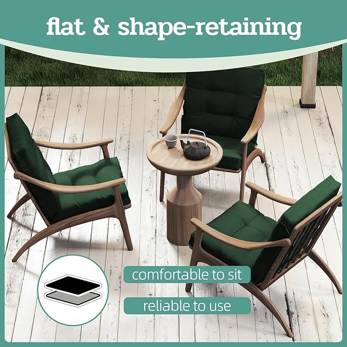 Outdoor Chair Cushions Set of 2, 42x21x4 Inch Patio Cushion for Dining/Rocking Chairs, High Back Soft Seat Pad with Ties, Indoor Outside Use, Fade-Resistant & Waterproof, Dark Green