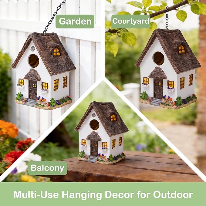 Attivolife Outdoor Birdhouses, Wood Waterproof Hanging Chain Nesting Boxes, Outside Bird House Garden Patio Yard Decor for Bluebird Finches Cardinals Resin, Creative Gifts for Bird Lover Family Friend