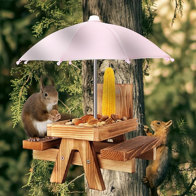 Gnodary Squirrel Feeder with Umbrella, Squirrel Feeders for Outside, Squirrel Picnic Table Feeder - Chipmunk Feeder Hold Corn, Corn Cob, Peanuts (Light Pink)
