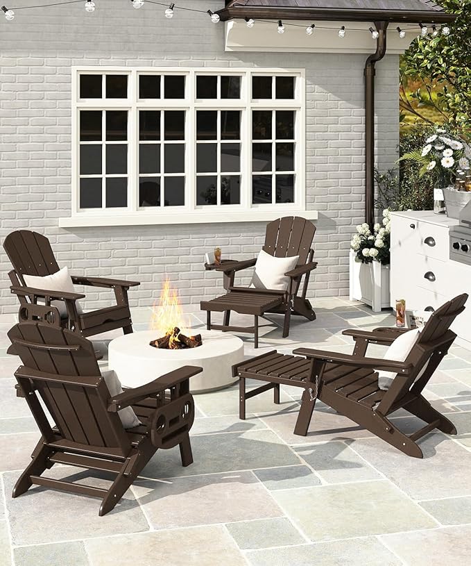 Adjustable Adirondack Chair with Retractable Ottoman Set of 6, HDPE Folding Adirondack Chair with Cup Holder, All Weather Fire Pit Chair for Outdoor.