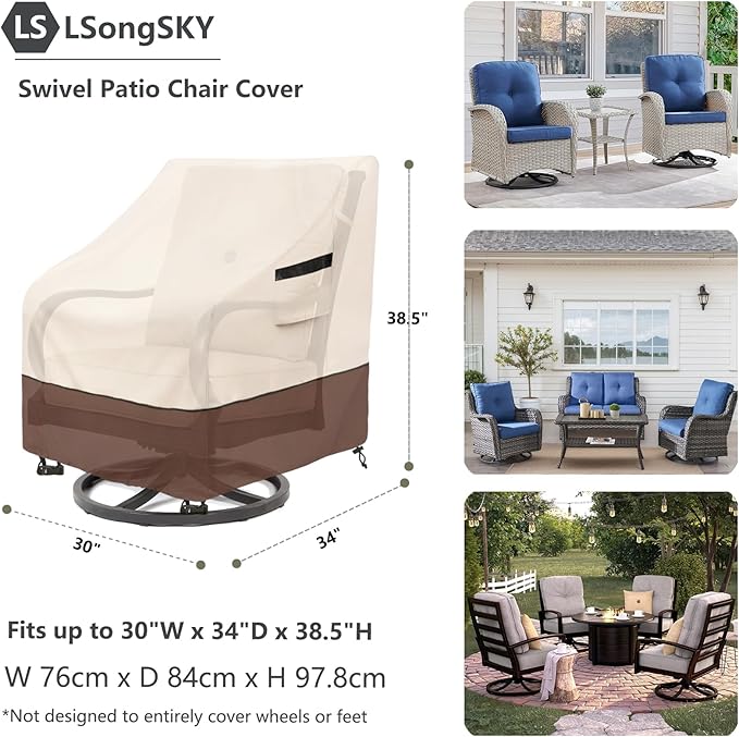 Outdoor Swivel Chair Cover 2 Pack,100% Waterproof Heavy Duty Patio Chair Covers,(30 W x 34 D x 38.5 H inches) Swivel Patio Chair for Outdoor Furniture Covers Waterproof,Beige&Brown