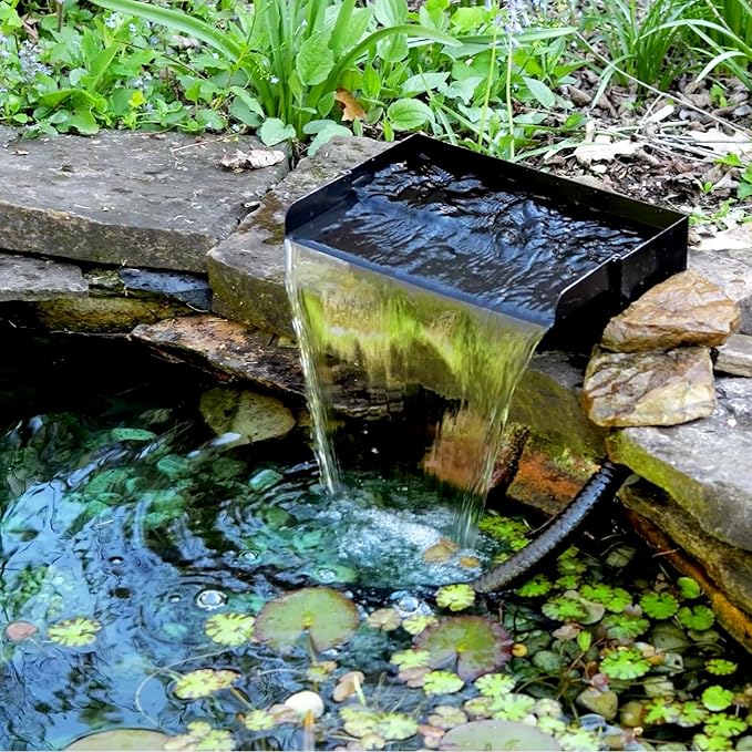 POPOSOAP 8Inch Pond Waterfall Spillway with Pump Kit, 304 Stainless Steel Pond Waterfall Box, Pond Spillway with 9.8FT Corrugated Tubing for Garden Waterfall Water Features-P42