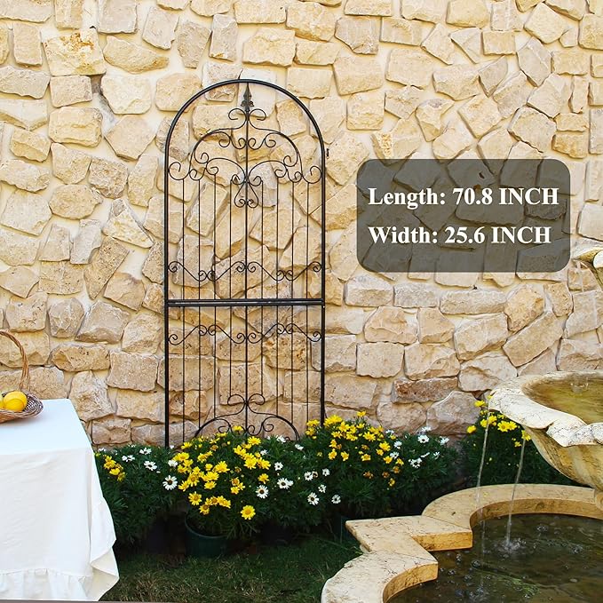 Garden Trellis for Climbing Plants 70.8" H x 25.6" W Metal Wrought Iron Outdoor Wall Panel for Vines Flowers Elegant Accent Decorative Garden Structure