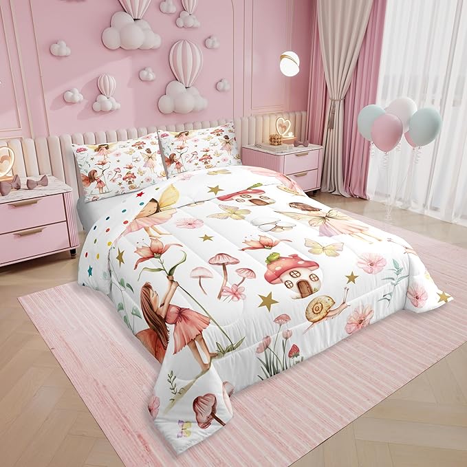 Erosebridal Fairy Garden Full Bedding Set,Cute Pink Floral Comforter Set for Girls Kids,Butterfly Flower Comforter,Kawaii Mushroom Flowers Bedroom Room Decor,2 Pillowcases Breathable