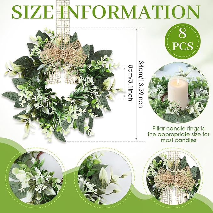 8 PCS Small Eucalyptus Leaves Cabinet Wreath Artificial Mini Spring Summer Greenery Kitchen Wreaths Vintage Swags Wreath with Retro Burlap Ribbon for Farmhouse Rustic Home Door Wedding Wall Decor