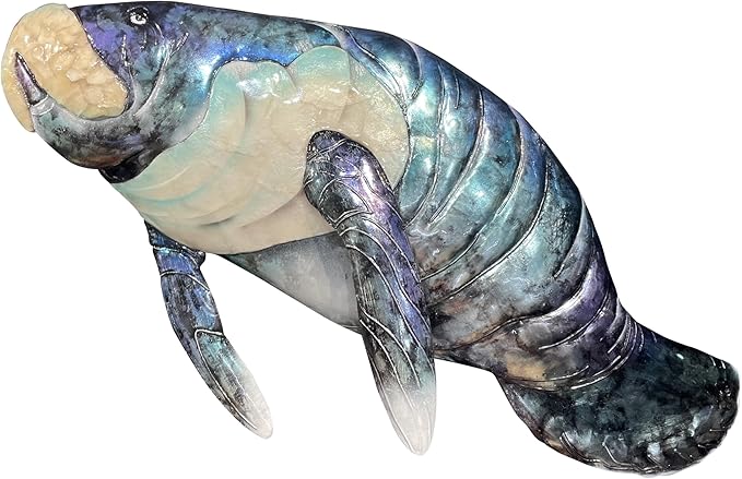 Manatee Metal Wall Art Fish Décor Sign, Handmade and Acrylic Handpainted Blue with White Pearl Capiz Shell, Coastal Beach House Style for Bathroom, Garden, Fence, Hallway, Deck, Outdoor (20x11x3in)