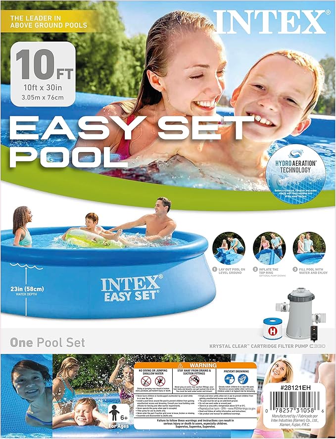 INTEX 28121EH Easy Set Inflatable Swimming Pool Set: 10ft x 30in – Includes 330GPH Cartridge Filter Pump – Puncture-Resistant Material – 1018 Gallon Capacity – 23in Water Depth