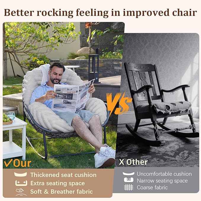 Outdoor Rocking Chair, Patio Wicker Egg Chair, Indoor Comfy Oversized Papasan Chair with Padded Cushion, Royal Rattan Rocker for Front Porch, Garden, Patio (Light Grey)