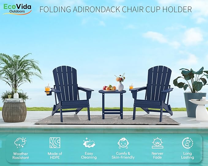 Folding Adirondack Chair Set 3-Piece - 38" Extra Tall Back & Embossed Wood Grain, Oversized HDPE Patio Furniture with Side Table & Cup Holders, 380lb Heavy Duty, Navy Blue