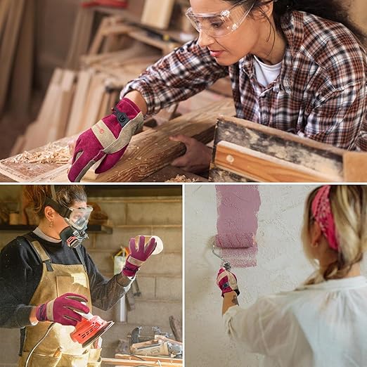 Women's Cotton Lined Leather Work Gardening Gloves, Rose Trimming, TIG/MIG Welding, Construction, Farm, Ranch Flexible Cowhide Gloves. Comfortable, Durable (Medium)