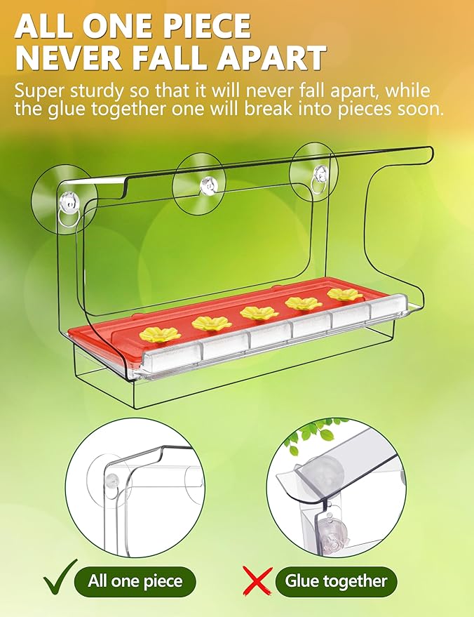 LUJII All One Piece Window Hummingbird Feeder with 5 Strongest Suction Cups, 20 fl.oz Hummer Feeder for Outside, Removable Lift-up Nectar Tray with 5 Feeding Ports, Gift for Bird Lover (Clear)