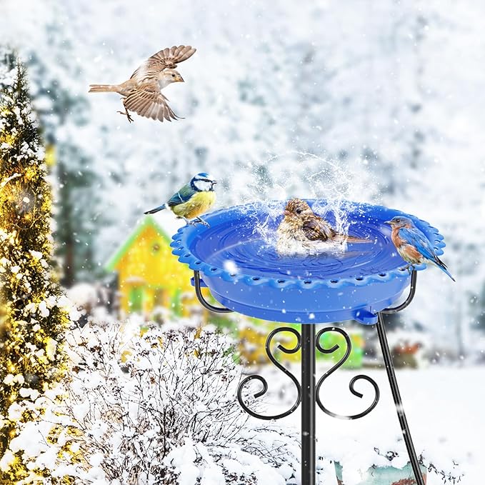 Heated Bird Baths for Outdoors,Upgraded 100W Thermostat Control Heated BirdBaths for Winter with Metal 5 Prong Base Heated Bird Bath for Outside Winter Garden Yard Patio Lawn (Blue)