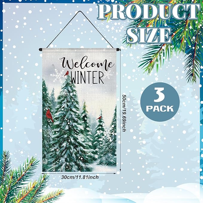 Tegeme 3 Pcs Winter Hanging Banner Cardinal Flag Decoration 12 x 20 Inch Winter Welcome Door Hanger Decoration Pine Tree Garden Flag Holiday Ornaments