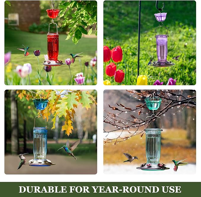 Kingsyard Glass Hummingbird Feeder for Outdoors Wild Bird Feeder with 6 Feeding Ports Hanging for Garden Yard, Purple (Ant Moat Included)