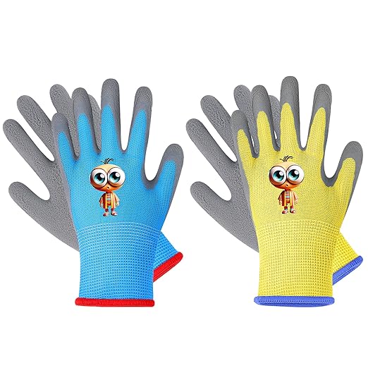 Kids Gardening Gloves, 2 Pair Toddler Gardening Gloves, Toddler Boy Garden Gloves, Rubber Non-Slip Safety Work Gloves for Kids, Youth, Fishing, Cycling (Ages 8-12, Yellow & Blue)
