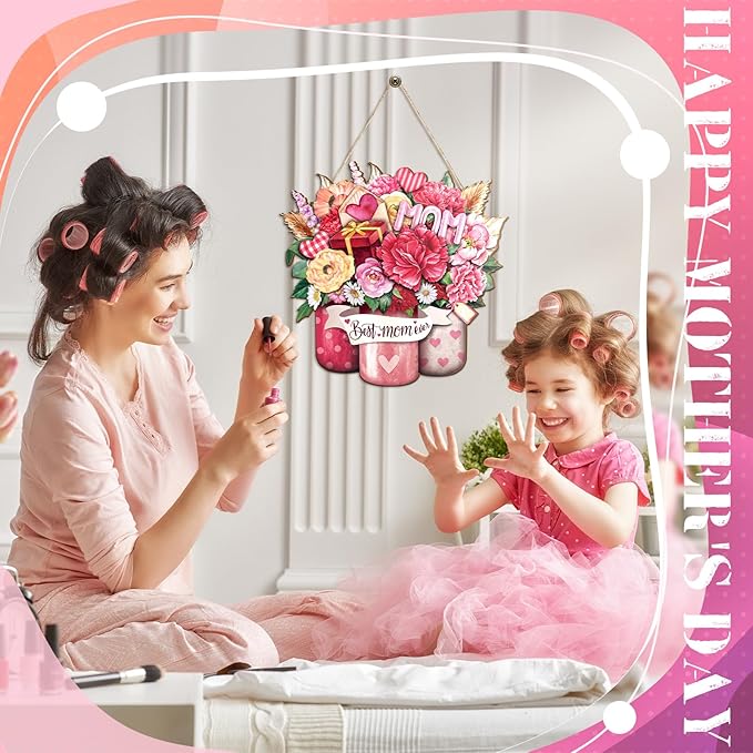 Boao Welcome Mother's Day Wooden Door Hanging Sign Pink Farmhouse Door Decor Vintage Mother's Day Wood Rose Gift Sign Rustic Wall Plaque Ornaments for Window Wall Porch