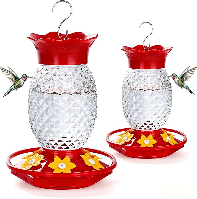 Glass Hummingbird Feeders for Outdoors Hanging Ant and Bee Proof 16OZ 2 Pack Clear Pineapple Humming Bird Feeder with 6 Feeding Ports and Ant Moat Hummingbird Gifts for Women Garden Decor