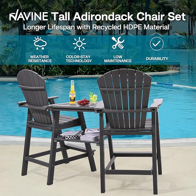 Tall Adirondack Chairs Set of 2, HDPE Balcony Chair with Double Connecting Tray, Weather Resistant Outdoor Adirondack Bar Stools for Patio, Deck, Patio, Backyard, Balcony. (Grey)